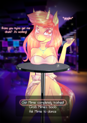 Size: 707x1000 | Tagged: safe, artist:modcoon, imported from derpibooru, oc, oc only, oc:mimie, anthro, unicorn, alcohol, clothes, dialogue, drink, female, flirting, horn, unicorn oc