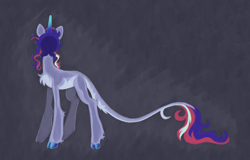 Size: 2500x1600 | Tagged: safe, artist:polymercorgi, imported from derpibooru, oc, oc only, oc:book loft, classical unicorn, pony, unicorn, chest fluff, cloven hooves, colored hooves, colored horn, facing away, female, fetlock tuft, gradient horn, gray background, hooves, horn, leg fluff, leonine tail, mare, pale belly, simple background, slender, solo, standing, tail, tail fluff, thin, unshorn fetlocks