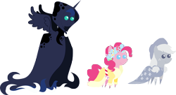 Size: 5321x2903 | Tagged: safe, artist:archooves, imported from derpibooru, applejack, pinkie pie, princess luna, spirit of hearth's warming past, spirit of hearth's warming presents, spirit of hearth's warming yet to come, alicorn, earth pony, pony, a hearth's warming tail, clothes, dress, hat, my little pony, pointy ponies, simple background, transparent background