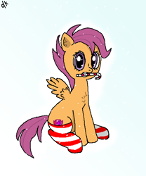 Size: 1000x1200 | Tagged: safe, artist:dkwzurt, imported from derpibooru, scootaloo, pegasus, pony, candy, candy cane, chest fluff, clothes, food, looking at you, simple background, snow, socks, solo