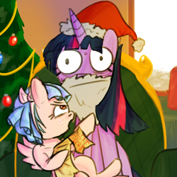 Size: 2000x2000 | Tagged: safe, artist:peni_sarter, imported from derpibooru, cozy glow, twilight sparkle, pegasus, pony, unicorn, angry, cabin, christmas, christmas tree, clothes, costume, couch, duo, duo female, female, females only, filly, foal, hat, holiday, horn, list, looking at you, looking up, santa costume, santa hat, spread wings, tree, wings