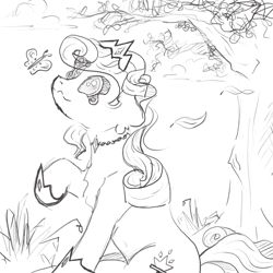 Size: 1564x1564 | Tagged: safe, artist:cyberpixel44, imported from derpibooru, oc, oc only, butterfly, earth pony, pony, belly, belly button, chest fluff, clothes, cloud, curly hair, curly mane, curly tail, cute, doodle, falling leaves, female, grass, jewelry, leaves, mare, necklace, outdoors, raised hoof, regalia, shoes, sitting, smiling, solo, tail, tiara, tree