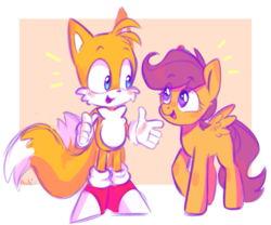 Size: 757x631 | Tagged: safe, artist:archieboop2, imported from derpibooru, scootaloo, fox, pegasus, pony, blushing, duo, duo male and female, emanata, female, looking at each other, looking at someone, male, miles "tails" prower, mobian, open mouth, open smile, passepartout, smiling, sonic the hedgehog (series), spread wings, wings