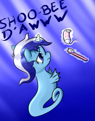 Size: 1500x1900 | Tagged: safe, alternate version, artist:osakaoji, imported from derpibooru, minuette, sea pony, unicorn, brushie, crepuscular rays, female, fins, flowing mane, frown, horn, magic, mare, nose wrinkle, ocean, sad, seaponified, seaweed, shoo be doo, solo, species swap, sunlight, telekinesis, toothbrush, toothpaste, underwater, water