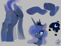 Size: 2048x1536 | Tagged: safe, artist:unclechai, imported from derpibooru, princess luna, alicorn, pony, butt, cutie mark, dock, featureless crotch, female, frog (hoof), gray background, hooves, mare, moonbutt, plot, simple background, smiling, solo, tail, underhoof