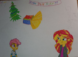 Size: 1134x834 | Tagged: safe, anonymous artist, artist:the spectres, derpibooru exclusive, imported from derpibooru, scootaloo, sunset shimmer, human, equestria girls, christmas, christmas tree, collaboration, duo, happy new year, holiday, marker drawing, present, simple background, traditional art, tree