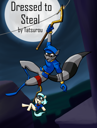 Size: 1464x1916 | Tagged: safe, artist:pokefangirl491, imported from derpibooru, anthro, earth pony, pony, crossover, duo, fanfic, fanfic art, fanfic cover, full moon, mask, moon, night, racoon, sly cooper