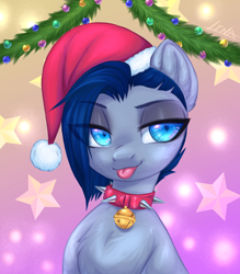 Size: 1230x1402 | Tagged: safe, artist:lina, imported from derpibooru, oc, oc only, oc:lina, oc:lina firesoul, earth pony, :p, abstract background, bedroom eyes, bust, choker, christmas, eyeshadow, female, happy new year, hat, holiday, jingle bells, looking at you, makeup, mare, portrait, santa hat, solo, spiked choker, tongue out