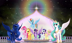 Size: 7500x4500 | Tagged: safe, artist:xodok, imported from derpibooru, applejack, fluttershy, pinkie pie, princess celestia, princess luna, rainbow dash, rarity, twilight sparkle, alicorn, earth pony, pegasus, pony, unicorn, series:ponyashnost, female, horn, looking at you, portal, siblings, sisters, smiling, smiling at you, stars