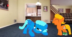 Size: 3149x1625 | Tagged: safe, artist:memeartboi, imported from derpibooru, earth pony, pegasus, pony, behaving like a cat, best friends, bff, brothers, cat boy, clothes, colt, darwin watterson, determined, determined look, dining room, dot, duo, duo male, eyes closed, foal, gumball watterson, having fun, indoors, laser pointer, living room, male, pegasus wings, ponified, red dot, siblings, socks, spread wings, standing, the amazing world of gumball, wings