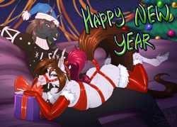 Size: 1600x1143 | Tagged: safe, artist:sunny way, imported from derpibooru, oc, oc:steven saidon, oc:sunny way, anthro, horse, anthro horse, art, artwork, bondage, celebration, christmas, christmas tree, digital art, duo, exclusive, female, garland, happy, happy new year, happy new year 2025, harness, holiday, latex, male, mare, new year, present, sexy, smiling, stallion, tack, tongue out, tree