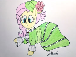 Size: 3264x2448 | Tagged: safe, artist:jakusi, fluttershy, pegasus, pony, braid, clothes, collar, dress, female, frills, hair bun, hat, mare, signature, solo, traditional art, victorian, victorian dress