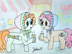 Size: 3264x2448 | Tagged: safe, artist:jakusi, bow bonnet, buttercake blush, earth pony, pegasus, pony, background pony, bonnet, bow, christmas wreath, cider, cider mug, clothes, female, mare, mug, signature, stand, talking, traditional art, wreath