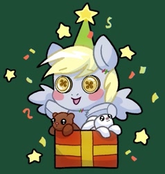 Size: 745x784 | Tagged: safe, artist:pierogarts, imported from derpibooru, derpy hooves, pegasus, pony, rabbit, animal, box, button eyes, confetti, plushie, present, solo, stars, teddy bear