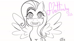 Size: 3840x2160 | Tagged: safe, imported from derpibooru, fluttershy, pony, lineart, monochrome, smiling, solo