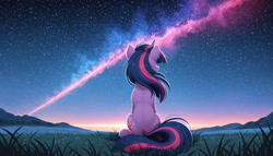 Size: 2688x1536 | Tagged: safe, imported from twibooru, twilight sparkle, pony, unicorn, ai content, ai generated, dark, facing away, female, generator:zoinksnoob, grass, horn, image, mare, nebula, needs more jpeg, prompter:siber, scenery, sitting, solo, solo female, starry sky, wallpaper