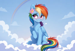 Size: 2104x1440 | Tagged: safe, imported from twibooru, rainbow dash, pegasus, pony, ai content, ai generated, blushing, cloud, eyebrows visible through hair, female, flower, flower in hair, generator:zoinksnoob, image, looking sideways, mare, needs more jpeg, on a cloud, prompter:siber, rainbow, raised hoof, sitting, sitting on a cloud, sky, smiling, solo