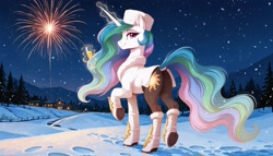 Size: 2688x1536 | Tagged: safe, imported from twibooru, princess celestia, alicorn, pony, ai content, ai generated, champagne, clothes, cutie mark, cutie mark on clothes, dock, female, fireworks, generator:zoinksnoob, glass, hoof boots, image, looking at you, looking back, looking back at you, magic, magic aura, mare, needs more jpeg, new year, night, pants, pine tree, prompter:siber, raised hoof, smiling at you, snow, snowfall, solo, telekinesis, tree, underhoof, village, walking, winter coat, winter hat, winter outfit