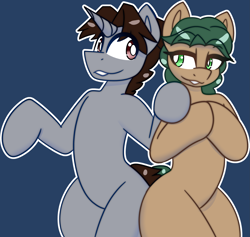 Size: 3007x2849 | Tagged: safe, artist:askhypnoswirl, imported from derpibooru, oc, oc only, earth pony, unicorn, bipedal, commission, duo, duo male and female, earth pony oc, female, horn, lidded eyes, looking at each other, looking at someone, male, oc name needed, smiling, unicorn oc