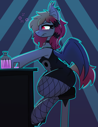 Size: 1298x1670 | Tagged: safe, artist:askhypnoswirl, imported from derpibooru, oc, oc only, oc:batty bliss, bat pony, bat pony oc, bat wings, clothes, collar, commission, drink, drinking, eyeshadow, fishnet clothing, fishnets, makeup, sitting, socks, stockings, stool, thigh highs, wings