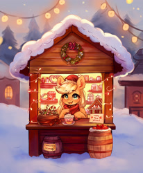 Size: 2689x3256 | Tagged: safe, artist:polnocnykot, imported from derpibooru, applejack, earth pony, pony, blushing, candy, candy cane, cheek fluff, christmas, christmas wreath, clothes, coffee, coffee cup, coffee mug, cup, cute, ear fluff, female, food, freckles, garland, gingerbread (food), gingerbread house, happy new year, hat, holiday, mug, new year, new years eve, open mouth, open smile, santa hat, scarf, selling, smiling, snow, solo, tree, unshorn fetlocks, whipped cream, winter, winter outfit, wreath