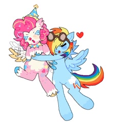 Size: 869x967 | Tagged: safe, artist:poniesinmyhead, imported from derpibooru, pinkie pie, rainbow dash, pegasus, pony, :3, alternate design, duo, duo female, female, goggles, goggles on head, hat, lesbian, party hat, pegasus pinkie pie, pinkiedash, race swap, shipping, simple background, smiling, white background