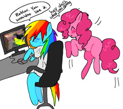 Size: 875x782 | Tagged: safe, artist:poniesinmyhead, imported from derpibooru, pinkie pie, rainbow dash, earth pony, pegasus, pony, semi-anthro, chair, computer, duo, duo female, female, gaming, jumping, keyboard, mare, office chair, roblox, simple background, sitting, table, white background