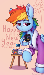 Size: 1000x1707 | Tagged: safe, artist:zeepheru, imported from derpibooru, rainbow dash, pegasus, pony, clothes, female, happy new year, holiday, looking at you, mug, robe, solo, text, wing hold, wings