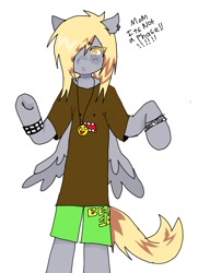 Size: 1300x1797 | Tagged: safe, artist:poniesinmyhead, imported from derpibooru, derpy hooves, pegasus, semi-anthro, blonde mane, clothes, coontails, domo, emo, female, gray coat, jewelry, necklace, scene kid, shorts, simple background, solo, white background