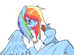 Size: 1249x937 | Tagged: safe, artist:poniesinmyhead, imported from derpibooru, rainbow dash, pegasus, semi-anthro, blue coat, blue wings, chicken leg, chicken meat, food, holding, meat, multicolored hair, rainbow hair, simple background, solo, white background, wings