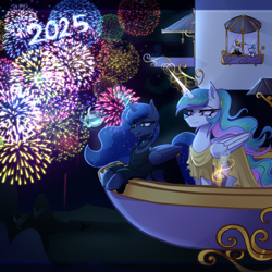 Size: 3000x3000 | Tagged: safe, artist:opal_radiance, imported from derpibooru, prince blueblood, princess celestia, princess luna, oc, oc:opal rosamond, alicorn, pegasus, pony, unicorn, equestria at war mod, 2025, drink, drinking glass, duo focus, fireworks, glass, happy new year, holiday, horn, levitation, magic, solo, telekinesis