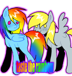 Size: 991x1039 | Tagged: safe, artist:poniesinmyhead, imported from derpibooru, derpy hooves, rainbow dash, pegasus, pony, :3, biting, blonde mane, blue coat, cute, duo, duo female, female, folded wings, multicolored hair, outline, rainbow hair, rainbow tail, simple background, smiling, spread wings, tail, tail bite, taste the rainbow, text, white background, wings