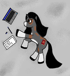 Size: 621x667 | Tagged: safe, alternate version, artist:arandomlonelydude, imported from derpibooru, oc, oc:anya khan, pony, unicorn, carpet, coat markings, computer, facial markings, horn, laptop computer, long mane, long tail, looking at something, lying down, mealy mouth (coat marking), ms paint, pen, sad, socks (coat markings), solo, tail, unicorn oc