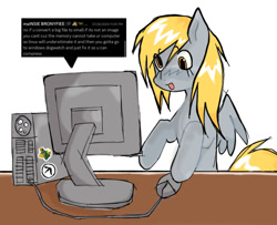 Size: 909x738 | Tagged: safe, artist:poniesinmyhead, imported from derpibooru, derpy hooves, mouse, pegasus, pony, computer, female, mare, monitor, open mouth, open smile, smiling, solo, table