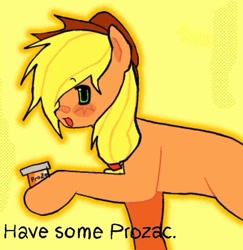 Size: 875x901 | Tagged: safe, artist:poniesinmyhead, imported from derpibooru, applejack, earth pony, pony, blonde mane, hat, have some prozac, holding, open mouth, open smile, orange coat, prozac, simple background, smiling, solo, yellow background