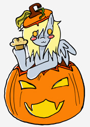 Size: 702x993 | Tagged: safe, artist:poniesinmyhead, imported from derpibooru, derpy hooves, pegasus, pony, :3, food, halloween, holiday, muffin, pumpkin, simple background, solo, white background