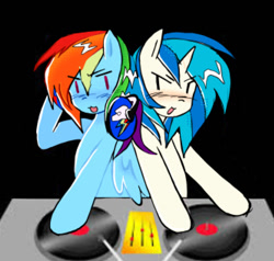 Size: 1041x990 | Tagged: safe, artist:poniesinmyhead, imported from derpibooru, dj pon-3, vinyl scratch, pegasus, pony, unicorn, disco, duo, duo female, female, headphones, horn, mare, open mouth, open smile, smiling