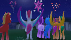 Size: 1920x1080 | Tagged: safe, artist:parronist, imported from derpibooru, hitch trailblazer, izzy moonbow, pipp petals, sprout cloverleaf, sunny starscout, zipp storm, alicorn, earth pony, pegasus, pony, unicorn, cliff, female, fireworks, g5, hoof around neck, horn, hug, male, mane five, mare, maretime bay, new year, night, night sky, ocean, outdoors, race swap, sky, spread wings, stallion, sunnycorn, water, wings