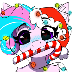 Size: 2048x2048 | Tagged: safe, artist:rileyisherehide, imported from derpibooru, oc, oc:sweetie swirl, bat pony, bat pony oc, bat wings, blue blush, blushing, christmas, christmas lights, cute, ear fluff, eyelashes, fangs, femboy, hat, heart, heart eyes, hearth's warming, holiday, male, multicolored hair, santa hat, shoulder fluff, solo, wingding eyes, wings