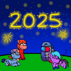 Size: 1280x1280 | Tagged: safe, artist:josephthedumbimpostor, imported from derpibooru, oc, oc:diane deluxe, oc:joseph, oc:maria meltdown, oc:selena smash, earth pony, pegasus, unicorn, among us, earth pony oc, fireworks, happy new year, holiday, horn, mario kart, new year 2025, non-mlp oc, pegasus oc, super mario, super smash bros., unicorn oc, wings