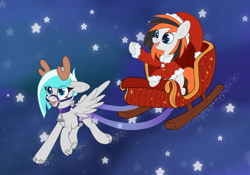 Size: 5000x3500 | Tagged: safe, artist:3akypo, imported from derpibooru, oc, oc only, deer, deer pony, hybrid, original species, christmas, clothes, costume, duo, happy new year, hat, holiday, night, santa costume, santa hat, sky, sleigh