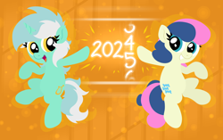 Size: 5782x3629 | Tagged: safe, artist:background basset, imported from derpibooru, bon bon, lyra heartstrings, sweetie drops, earth pony, pony, unicorn, abstract background, happy new year, holiday, horn, new year, numbers, open mouth, smiling