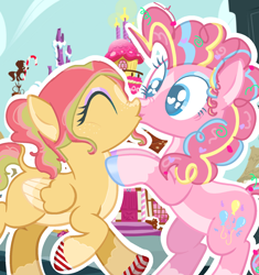 Size: 1500x1598 | Tagged: safe, imported from derpibooru, pinkie pie, oc, oc:sugar breeze, earth pony, pegasus, canon style, canon x oc, confetti, female, hoof polish, kissing, lesbian, redesign, self insert, selfshipping, shipping, wide eyes, yumeshipping