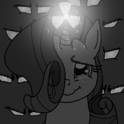 Size: 962x962 | Tagged: safe, artist:1611volk, imported from derpibooru, rarity, changeling, pony, unicorn, crying, ears up, feels, female, hero, heroic sacrifice, horn, imminent death, imminent explosion, magic, mare, monochrome, nuclear, sad, self sacrifice, simple background, smiling, spell, surrounded, teary eyes, this will end in death, this will end in explosions, this will end in tears, this will end in tears and/or death