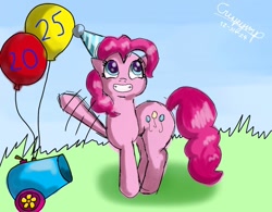 Size: 1338x1044 | Tagged: safe, artist:crispymlp, imported from derpibooru, pinkie pie, earth pony, pony, 2025, balloon, female, hat, party cannon, party hat