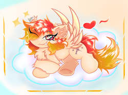 Size: 2626x1938 | Tagged: safe, artist:spirit-fireheart, imported from derpibooru, oc, oc only, pegasus, pony, cheek fluff, chest fluff, cloud, ear fluff, flirting, heart, looking at you, male, one eye closed, smiling, smiling at you, solo, wings, wink