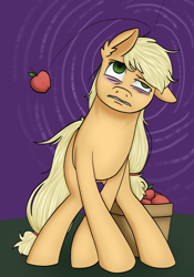 Size: 1668x2388 | Tagged: safe, artist:theedgyduck, imported from derpibooru, part of a set, applejack, earth pony, pony, series:leechlord draws every episode, applebuck season, apple, bags under eyes, basket, dizzy, female, food, mare, messy hair, messy mane, missing accessory, missing hat, my little pony, no catchlights, part of a series, simple background, solo, tired