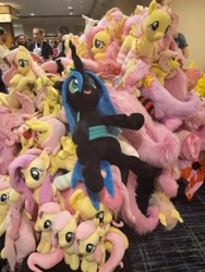 Size: 3000x4000 | Tagged: safe, imported from derpibooru, fluttershy, queen chrysalis, changeling, pegasus, pony, rabbit, animal, clothes, convention, cute, everfree northwest, everfree northwest 2024, hay in a needle stack, irl, jewelry, multeity, necklace, photo, plush pile, plushie, shyabetes, socks, striped socks