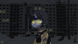 Size: 3500x2000 | Tagged: safe, artist:netango, imported from derpibooru, oc, oc only, oc:syntiset, pony, unicorn, armor, bag, bags, belt, blood type, camouflage, cigarette, clothes, colored sketch, crossover, doomer, escape from tarkov, glowing, glowing eyes, high res, horn, male, medical bag, medicine, military, military uniform, outdoors, pants, patch, plate carrier, pony oc, scar, sitting, sketch, smoke, smoking, snow, solo, stallion, tactical, tired, unicorn oc, uniform