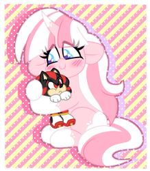 Size: 1289x1470 | Tagged: safe, artist:ladylullabystar, imported from derpibooru, oc, oc:lady lullaby star, pony, unicorn, blushing, female, horn, mare, plushie, shadow the hedgehog, solo, sonic the hedgehog (series)